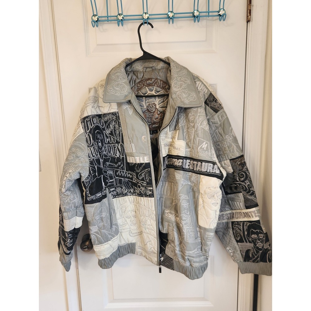 Vintage Scarface Leather Bomber Jacket Grey Black Embroidered Patchwork XL